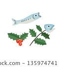 Cute Setsubun hand drawn illustration of sardines and holly decorations 135974741