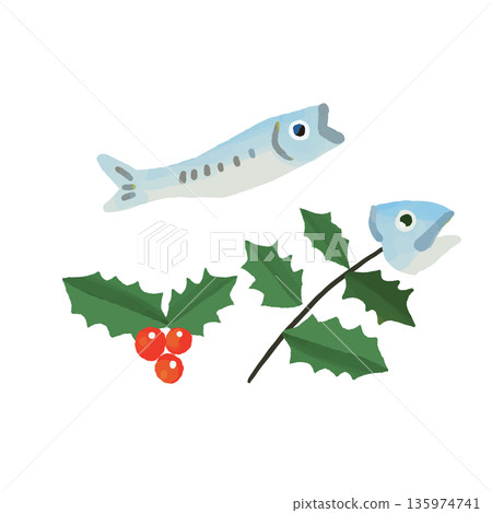 Cute Setsubun hand drawn illustration of sardines and holly decorations Cute Setsubun hand drawn illustration of sardines and holly decorations 135974741