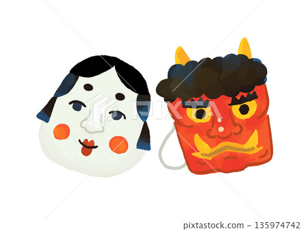 可愛的節分手繪惡魔與龜面具插圖 135974742