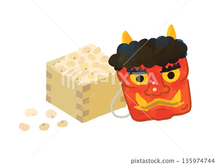 可愛的節分手繪豆子和惡魔面具插圖 135974744
