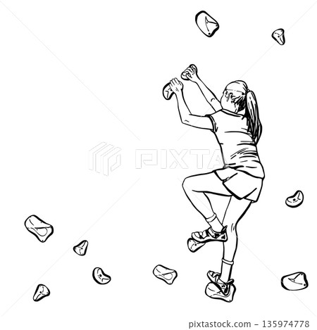 Teenager girl climbing on indoor bouldering rock wall. Hand drawn black and white vector black line art drawing illustration for extreme adventure activity sport, fitness. Isolated from background Teenager girl climbing on indoor bouldering rock wall. Hand drawn black and white vector black line art drawing illustration for extreme adventure activity sport, fitness. Isolated from background 135974778