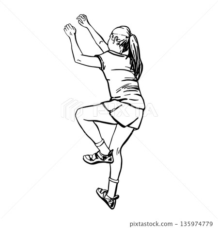 Teenage Girl bouldering on climbing wall without rope. Line Art vector drawing young woman make extreme sport of rock climbing without safety equipment. Illustration for indoor climbing gyms, posters Teenage Girl bouldering on climbing wall without rope. Line Art vector drawing young woman make extreme sport of rock climbing without safety equipment. Illustration for indoor climbing gyms, posters 135974779