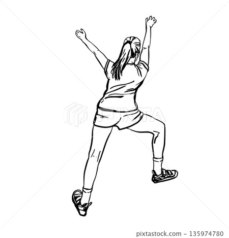 Teenage Girl bouldering on climbing wall without rope. Line Art vector drawing young woman make extreme sport of rock climbing without safety equipment. Illustration for indoor climbing gyms, posters 135974780