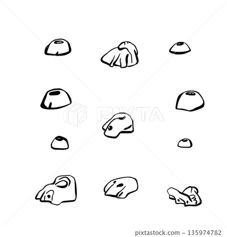 Climbing grips, holds set of different shapes for bouldering wall. Stones for indoor rock climbing in the gym. Vector drawing line art illustration isolated from background for extreme sports clipart Climbing grips, holds set of different shapes for bouldering wall. Stones for indoor rock climbing in the gym. Vector drawing line art illustration isolated from background for extreme sports clipart 135974782
