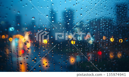 雨滴模糊了城市燈光 135974941