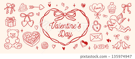 Hand-drawn Valentine's Day motif material set 135974947