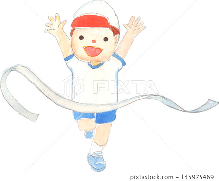 男孩奔跑並衝過終點線的向量插圖 男孩奔跑並衝過終點線的向量插圖 135975469