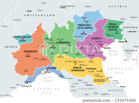 Regions of Northern Italy, multi colored political map. North Italy, a geographical and cultural region, comprising of eight subregions. Map with borders, region capitals, and largest cities. Vector 135975508