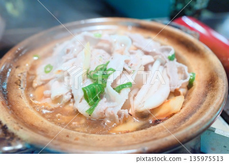 Earthenware pot-style pork soup, miso hotpot with lots of ingredients Earthenware pot-style pork soup, miso hotpot with lots of ingredients 135975513