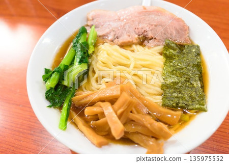 Soy sauce ramen, Japanese noodle dish ingredients with roasted pork and seaweed 135975552