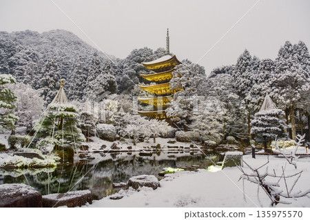 Five-story pagoda covered in snow 135975570