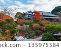 日式花園中傳統的瓦屋頂和絢麗的秋色 135975584