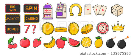 Gambling icon set. Pixel art object in 8 bit style. Jackpot, coins, dice, playing cards, fruits, horseshoe, crown, bomb. 135975593