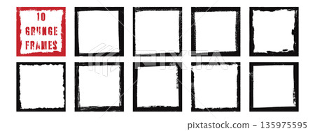 Grunge square photo frames set. Distressed black borders with rough edges. Vintage dirty texture frame collection for posters and social media. 135975595
