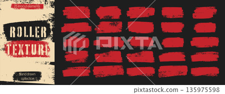 Linocut ink roller stamp texture set. Rough red brayer rectangles with distressed edges on dark background. Handmade relief printing elements 135975598