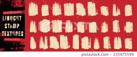 Linocut stamp texture set. Rough ink roller rectangles with distressed grunge edges on red bg. Paint brush strokes collection. 135975599