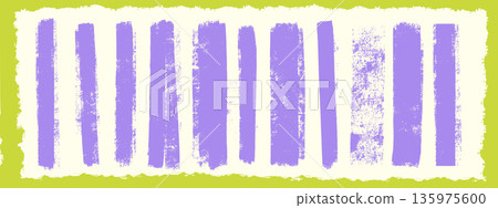 Ink roller stripe stamp texture. Rough purple brayer lines with distressed grain and torn frame edges on bright bg. Linocut print effect. 135975600