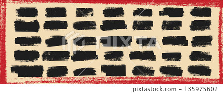 Ink roller stroke texture collection. Rough black brayer rectangles with distressed grain on beige bg and grunge red frame border. Ink roller stroke texture collection. Rough black brayer rectangles with distressed grain on beige bg and grunge red frame border. 135975602