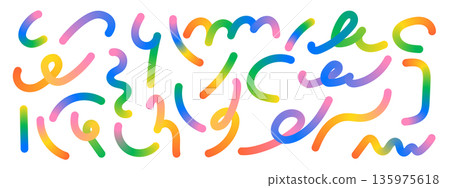 Abstract swirl line set. Colorful wavy ribbons and gradient pattern elements for playful backgrounds. Squiggly vector elements. 135975618