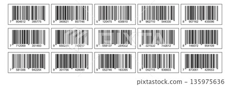 Set of bar code labels with numbers. Collection of rectangular retail barcode tags for product packaging and inventory. 135975636