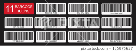 Thick bar code patterns with halftone gradient and serial data stripes. Abstract price tags for inventory, technology or fake product design. 135975637