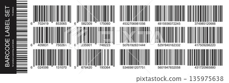 Realistic black barcode stickers with thick and thin lines. Ean symbol on price tag or product identification and scanning. Realistic black barcode stickers with thick and thin lines. Ean symbol on price tag or product identification and scanning. 135975638