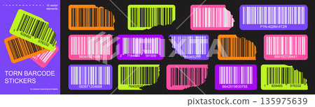 Torn bar code stickers set with colorful labels. Vector barcode tags with ripped edges for product scanning and packaging. Torn bar code stickers set with colorful labels. Vector barcode tags with ripped edges for product scanning and packaging. 135975639
