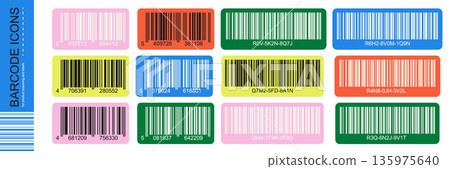 Colorful bar code icon set with rounded rectangle labels. Multicolor barcode stickers with numbers for product scanning and identification. Colorful bar code icon set with rounded rectangle labels. Multicolor barcode stickers with numbers for product scanning and identification. 135975640