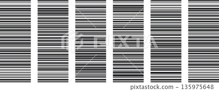 Abstract barcode strip pattern set with irregular lines. Thin and thick vertical stripes. Simple vector bg. Abstract barcode strip pattern set with irregular lines. Thin and thick vertical stripes. Simple vector bg. 135975648