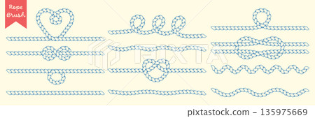 Hand drawn rope brush dividers. Twisted cord lines with knots, loops and heart shape ornaments. Nautical vector border elements 135975669