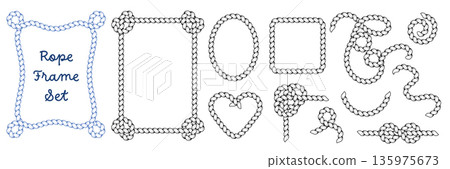 Rope frame and border elements collection. Rope lines with corner knots, round frames and wavy separators. Vintage sailor or pirate ornament. Rope frame and border elements collection. Rope lines with corner knots, round frames and wavy separators. Vintage sailor or pirate ornament. 135975673