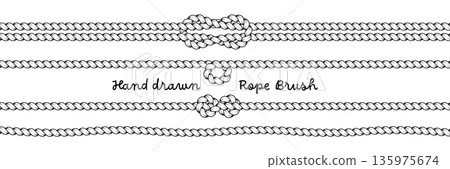 Hand drawn rope brush dividers. Braided cord horizontal borders with decorative knots and loops. Vector nautical line elements. 135975674