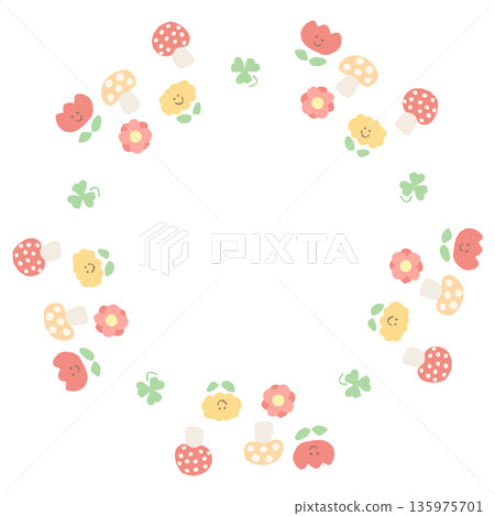 適用於托兒機構網站的簡單易用的通用插圖剪貼系列 | 適合兒童的簡易花環，帶有鮮花和蝴蝶圖案 135975701
