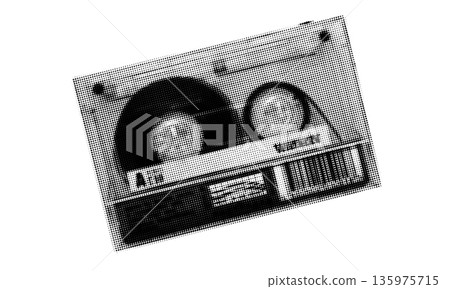 Halftone audio cassette. Vintage dotted texture. Trendy 90s collage style design element. Halftone audio cassette. Vintage dotted texture. Trendy 90s collage style design element. 135975715