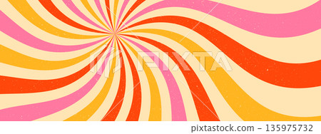 Swirl sunburst abstract background. Groovy retro poster design. Psychedelic radial burst with grunge texture. 135975732