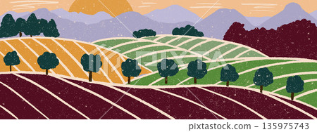 Abstract vineyard pattern. Striped fields, green hills and mountains with rustic grain texture. Eco countryside landscape. 135975743