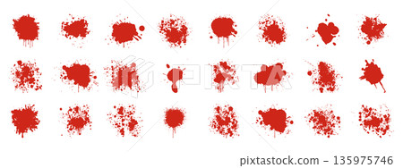 Horror bloodstain elements. Dripping blood spots, splashes, and smears isolated on white background. 135975746