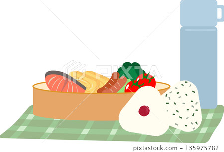 午餐套餐示意圖（便當盒、飯糰和水瓶） 135975782