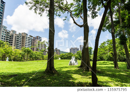 Panoramic view of Sculpture Park at the Kaohsiung Museum of Fine Arts in Taiwan. It's located in the Neiweipi Cultural Park Area of Kaohsiung. 135975795
