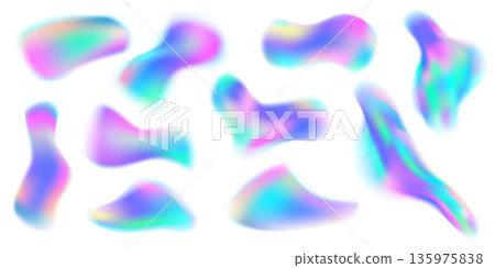 Soft blue fluid shapes with glowing aura for modern design. Pastel waves blended in holographic mesh with iridescent light for trendy creative projects. Vector illustration 135975838