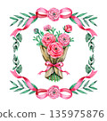 Watercolor hand-drawn bouquet of pink ranunculus flowers wrapped in craft paper with a pink ribbon bow, enclosed in a circular floral wreath of roses and green eucalyptus leaves. Romantic botanical 135975876