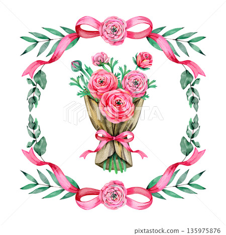 Watercolor hand-drawn bouquet of pink ranunculus flowers wrapped in craft paper with a pink ribbon bow, enclosed in a circular floral wreath of roses and green eucalyptus leaves. Romantic botanical 135975876