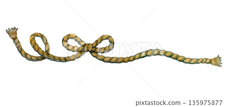 Single watercolor illustration of a thick twisted rope with a dynamic curve. Hand-painted nautical element, symbolizing adventure, strength, and traditional maritime journeys. 135975877