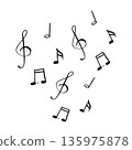 Simple hand-drawn black and white sketch of various musical notes, including treble clefs, quavers, and crotchets. Minimalist graphic ideal for musical education, patterns, and icons. 135975878