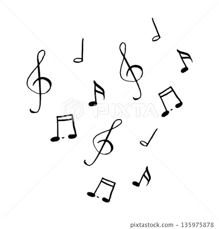 Simple hand-drawn black and white sketch of various musical notes, including treble clefs, quavers, and crotchets. Minimalist graphic ideal for musical education, patterns, and icons. Simple hand-drawn black and white sketch of various musical notes, including treble clefs, quavers, and crotchets. Minimalist graphic ideal for musical education, patterns, and icons. 135975878
