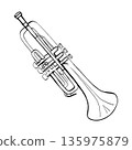 Hand-drawn black and white line art illustration of a trumpet. Minimalist musical instrument sketch perfect for classical themes, jazz motifs, coloring pages, and simple graphic icons. 135975879