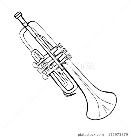 Hand-drawn black and white line art illustration of a trumpet. Minimalist musical instrument sketch perfect for classical themes, jazz motifs, coloring pages, and simple graphic icons. Hand-drawn black and white line art illustration of a trumpet. Minimalist musical instrument sketch perfect for classical themes, jazz motifs, coloring pages, and simple graphic icons. 135975879