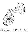 Hand-drawn black and white line art of a French horn. Minimalist musical instrument sketch suitable for classical music themes, coloring pages, and graphic symbols. 135975880
