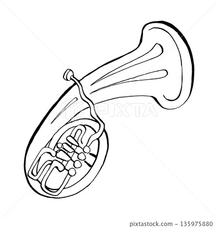 Hand-drawn black and white line art of a French horn. Minimalist musical instrument sketch suitable for classical music themes, coloring pages, and graphic symbols. Hand-drawn black and white line art of a French horn. Minimalist musical instrument sketch suitable for classical music themes, coloring pages, and graphic symbols. 135975880