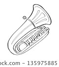 Hand-drawn black and white line art of a tuba or euphonium. This minimalist musical instrument sketch is perfect for orchestral themes, educational resources, coloring pages, and clean icons. 135975885